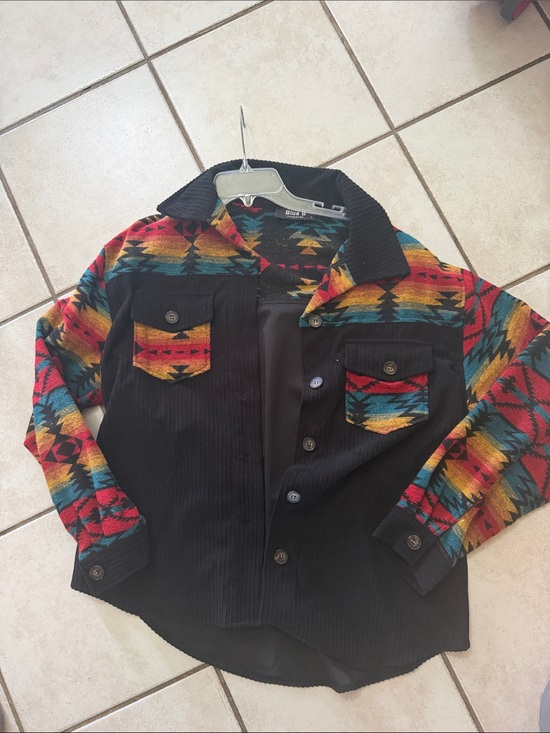 Blue B Collection Jackets & Blazers - Boho Aztec Corduroy Shacket - Black with Multicolor Tribal Print